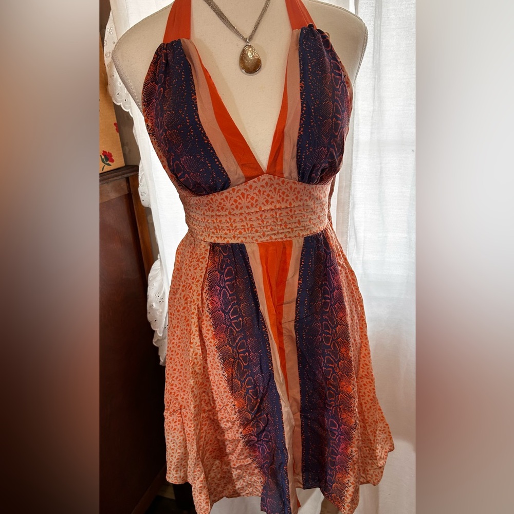 Guess ‘Hot Sand’ SILK Halter Dress Size 4 Orange & Purple Boho Fairy Y2K